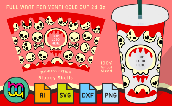 24oz Cold Cup Full Wrap Bloody Skulls Graphics for Print Templates