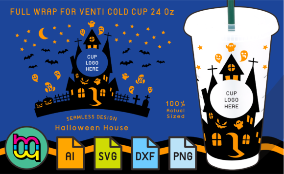 24oz Cold Cup Full Wrap Halloween House Graphics