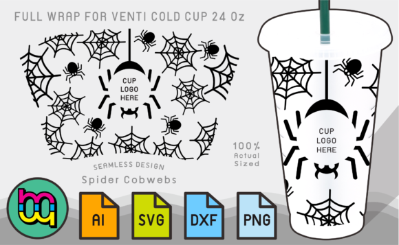 24oz Cold Cup Wrap Black Spider Cobwebs Graphics for Print Templates