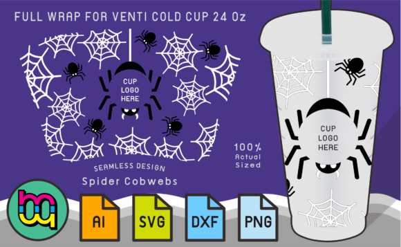 24oz Cold Cup Wrap White Spider Cobwebs Graphics for Print Templates