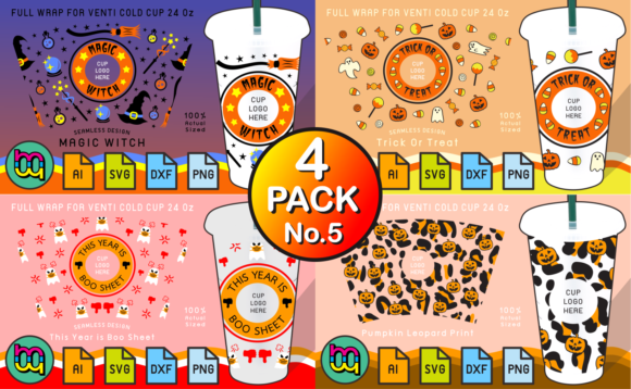 4 Pack 5 Halloween 24oz Cold Cup Wraps Graphics