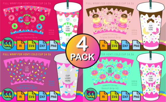 4 Pack Donut Drip 24oz Cold Cup Wraps Graphics