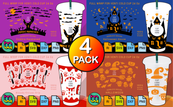4 Pack Halloween 24oz Cold Cup Wraps Graphics